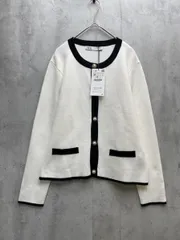 新品訳あり■ZARA ザラ パールボタン クルーネック バイカラー ニット カーディガン sizeUSA M/白ｘ黒 ◇■レディース