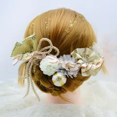 髪飾り 水引 オーガンジー リボン 編みおろし 結婚式 成人式 卒業式 卒園式 袴 着物 白無垢 前撮り ツインテール ゴールド ヘアピン 造花 ドライフラワー ママ振り 浴衣 qd1261