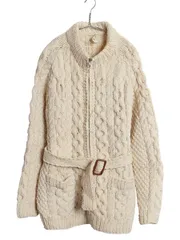 【お得なクーポン配布中!】 80's アイルランド製 フィッシャーマン ニット セーター ジャケット レディース M 程/ ヴィンテージ ハンドメイド アランニット ナチュラル
