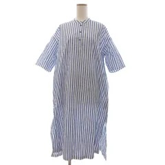 ミズイロインド mizuiro ind 美品 ワンピース ロング ストライプ 半袖 バンドカラー 青 ブルー 白 ホワイト