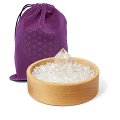 クリスタル　水晶 浄化セット 六角水晶柱＆さざれ石　クリアクォーツ（200g）木製プレート 花の生命デザイン ポーチ付き