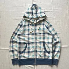 archive　OLD UNIQLO　オールドユニクロ　フルジップアップ　大判チェック柄　フード付き　短丈パーカー　薄手スウェット　フェード感　ボロ古着　ライトベージュ×濃淡ブルー×オレンジ×ピスタチオグリーン　M　平成レトロ　Y2K　zip up parka
