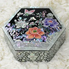 韓国六角螺鈿宝石小物入れ　牡丹■komonoire-25-s【宝石箱】【ジュエリーボックス】【高級】【アクセサリーボックス】【かわいい】【小さめ】【韓国】【螺鈿】【プレゼント】
