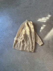 一点物 アイルランド産 フィッシャーマンニット セーター カーディガン ケーブル編み ハイネック ピュアウール 手編み  アイボリー系 肉厚