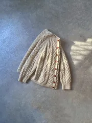 一点物 アイルランド産 フィッシャーマン ニット カーディガン クルーネック ケーブル編み ウールマーク アイボリー系 肉厚