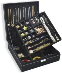 PreQuoro ジュエリーボックス 大容量 可愛い 仕切り 鍵付き 収納ケース アクセサリー 2層 (ブラック)