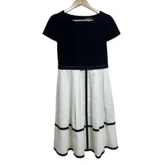 エムズグレイシー ワンピース サイズ38 M レディース - 白×黒 クルーネック/半袖/ひざ丈/リボン/ステッチ/グログランテープ/プリーツ