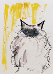 原画#130 猫 水彩画 ドローイング インテリア イラスト 絵画 アート 絵