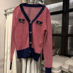 【東あずま店　併売品】　＠　Y2K　ビジュー　カーディガン　長袖　お呼ばれ　デート　オフィスカジュアル　食事会　可愛い　お出かけ　上品　ラメ　ニット　Knit　総柄　赤　RED　レッド　朱色　ブルー 青 藍色 ネイビー 紺色　BLUE　NAVY