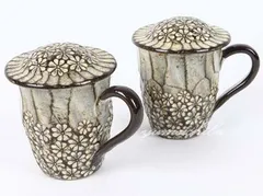 韓国粉青印花紋コーヒーカップ2客4ピース （2客分・蓋付き）■chaki-6-s【ギフト】【お土産】【長寿祝】【引出物】