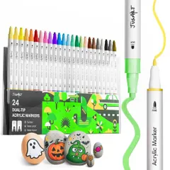 JusArtアクリルマーカーペン24色セットペイントマーカー筆先細字先両端アクリル絵の具イラストアートマーカーカラーペン水性布/ガラス/プラ/石/木材/陶器/金属に書けるメタリックカラー…