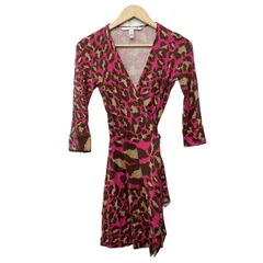 ダイアン・フォン・ファステンバーグ ワンピース サイズ0 XS レディース - ピンク×ダークブラウン×ベージュ 長袖/ひざ丈/豹柄