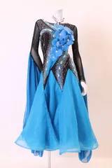 オーダー承ります　60日要　お求めの際はお問い合わせ下さい　ドレス　ターコイズ×黒　Ｌサイズ　コンテスト・発表会・パーティ・ナイトロングドレス【オーダーメイド対応可】