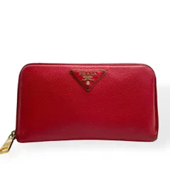 良品　PRADA プラダ ラウンドファスナー 長財布　レッド　三角ロゴ　本革
