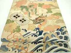 平和屋着物●アンティーク　大正ロマン　太鼓柄　京本袋帯　宝尽くし花文　唐獅子　立波に龍　金銀糸　正絹　逸品　DABB4073ps