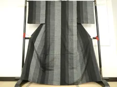 平和屋着物●結城紬　間道　黒地　正絹　逸品　AABF0928ck