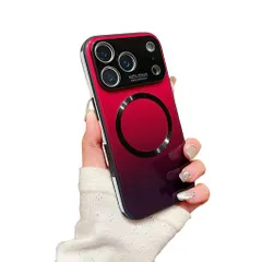 おしゃれiPhone17ProMax用ケースmagsafe対応薄型アイフォン17promaxガラスケースグラデーションケースストラップホールマグネット搭載TPUバンパー強化ガラスグラデーション赤