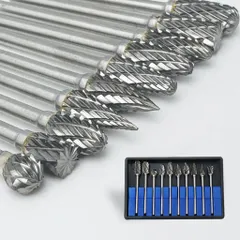 YACHUN超硬バーリュータービット10本セット10種類タングステン製3mm軸刃幅6mmロータリーバードリルビットバリ除去研磨仕上げ用研削ビット高速度工具専用プラケース入り