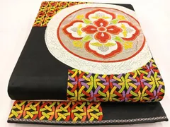 平和屋着物◎六通柄袋帯　唐織　幾何学正倉院花文　黒地　金糸　正絹　逸品　BAAV7785yc