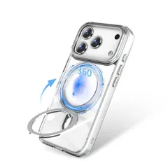 FNISOケース用のiPhone17ProMaxケースMagsafe対応クリアアイフォン17プロマックススマホケース360°回転隠れスタンドいphone17ProMax透明カバーワイヤレス充電耐衝撃