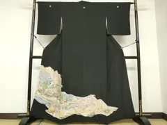 平和屋着物■豪華黒留袖　駒刺繍　枝松　風景文　暈し染め　正絹　逸品　DABA3310qa