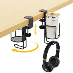 2in1デスク整理カップ&ヘッドホンホルダー360度回転こぼれ防止強力クランプ式取り付け簡単オフィスゲーミングデスク家庭用に