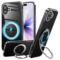 【透き通る上質感・Magsafe対応】iPhone17用ケース透明リング付き多機能360°回転隠し収納式スタンド付きマグネット搭載ワイヤレス充電対応アイフォン17スマホケース耐衝撃保護カバー黄ば…