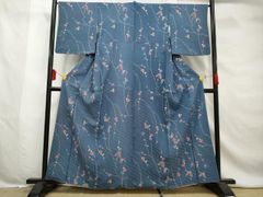 Z-1810 夏着物 正絹 小紋 紗 風景柄 花柄 バチ衿 ネイビー - メルカリ