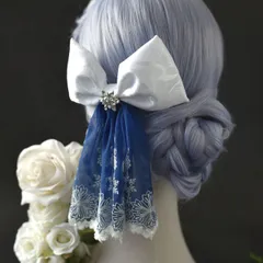 六花献上前夜譚｜雪の結晶が美しい白き薔薇と刺繍のジャボタイ2wayリボン／スノーフレーク ヘアーリボン デカリボン ヘアーアクセ