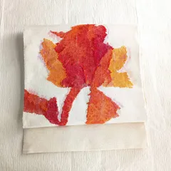 ほぼ未使用★名古屋帯 紬 赤い花のシルエット 松葉仕立て 正絹 156