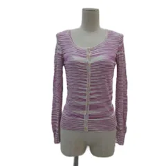 ミッソーニ MISSONI ニットカーディガン パープル 紫 ホワイト 白 ボーダー柄 ラウンドネック ミドル丈 /YS22 ■GY61