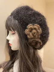 モヘアベレー帽　お花モチーフ付き　ゆったりサイズ