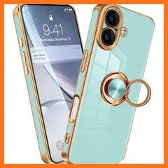 【新品】 MiaoKeDa ケース iPhone用 リング いphone リング付き スマホケース TPU 車載ホルダー ストラップホール付き メッキ加工 カバー ライトシアン 0