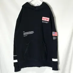 【H&M】NASA アメリカ航空宇宙局 星条旗 ワッペン ドローコード 反射プリント ラインロゴ パーカー フーディー プルオーバー トレーナー クロ US古着 USA輸入 Ssize