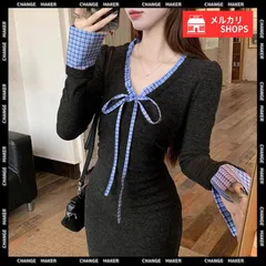 【送料無料】配色リボンニット マーメイドワンピース 長袖 レディース チェック柄 切り替え ロングワンピース 着やせ Vネック 春秋冬 タイトワンピ きれいめ 大人可愛い ニットワンピ 韓国風 スリム リボンタイワンピ 新品 未使用 CH84YGL-009