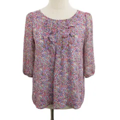 ロペ ROPE ブラウス カットソー プルオーバー ボートネック 花柄 フリル マルチカラー 七分袖 M 紫 ピンク パープル