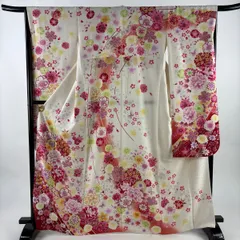 振袖 身丈166cm 裄丈66cm M 袷 桜 牡丹 銀通し 箔 クリーム 正絹 名品 【中古】