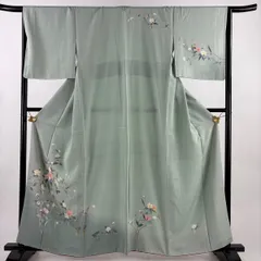 【未使用・ガード加工】鈴乃屋誂え 色無地＊縮緬＊一つ紋（四つ目菱）／青緑 未使用・ガード加工】鈴乃屋誂え 色無地＊縮緬＊一つ紋（四つ目菱