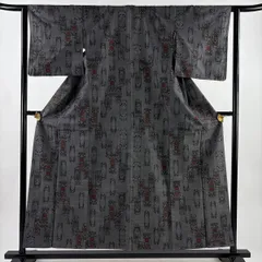 【美品】 大島紬 身丈156cm 裄丈61.5cm S 袷 きゅうの 証紙 草花 幾何学模様 墨色 正絹 秀品 【中古】