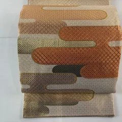 袋帯 秀品 関西仕立て ヱ霞 斜め格子 金糸 箔 金色 お太鼓柄 正絹 【中古】