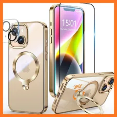 【新品】 【三重保護セット！上品なメタリック光沢】OYR iPhone 13/14 用 クリア ケース Magsafe 対応[360°回転CD スタンド・10 万回開閉テスト][メッキバンパー・iPhone専属色][カメラ保護とガラスフィルム付き]ストラップホ