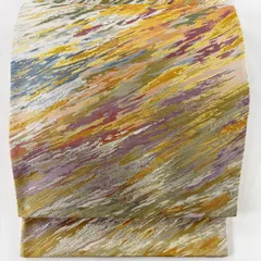 【美品】 袋帯 秀品 落款 幾何学模様 金銀糸 箔 薄ピンク 六通 正絹 【中古】