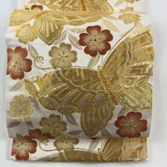 袋帯 秀品 振袖向き 蝶 枝垂れ桜 金糸 箔 クリーム 六通 正絹 【中古】