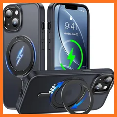 【新品】 iPhone 15 適用 ケース Magsafe対応 アイフォン15 カバー 360°回転スタンド Uovon スマホケース アイホン15 携帯ケース ワイヤレス充電 車載ホルダー 対応 ストラップ穴付き 半透明 指紋防止 黄?防止 ・ ブラック 1