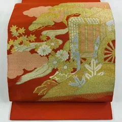 名古屋帯 秀品 八寸名古屋帯 松葉仕立て 御所車 松 金銀糸 綴れ 朱色 正絹 【中古】