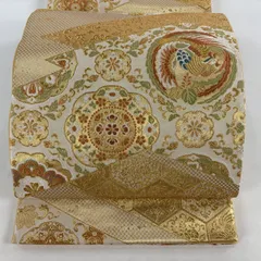 【美品】 袋帯 秀品 華文 鳳凰 金糸 箔 ベージュ 六通 正絹 【中古】