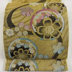 【美品】 袋帯 秀品 振袖向き 桜 流水 金糸 箔 金色 六通 正絹 【中古】