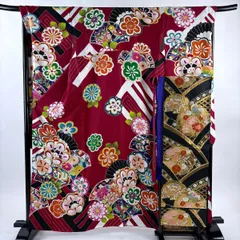 振袖 身丈162.5cm 裄丈68.5cm L 袷 袋帯フルセット 梅 宝尽くし 金糸 金彩 赤 正絹 名品 【中古】