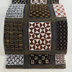 【美品】 袋帯 名品 格子 幾何学模様 金糸 灰紫 六通 正絹 【中古】