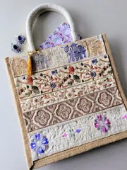 ジュートバッグ　М-Standard「Jaipur Ivory」ベージュ　インド刺繍リボン　かごバッグ